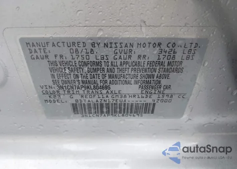 2019 Nissan Versa 1.6 S+ из США, поврежденный, VIN 3N1CN7AP9KL804695